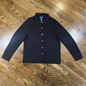 Charter Club Sweater Womens XL Black 100% Merino Wool Collared Cardigan Buttons